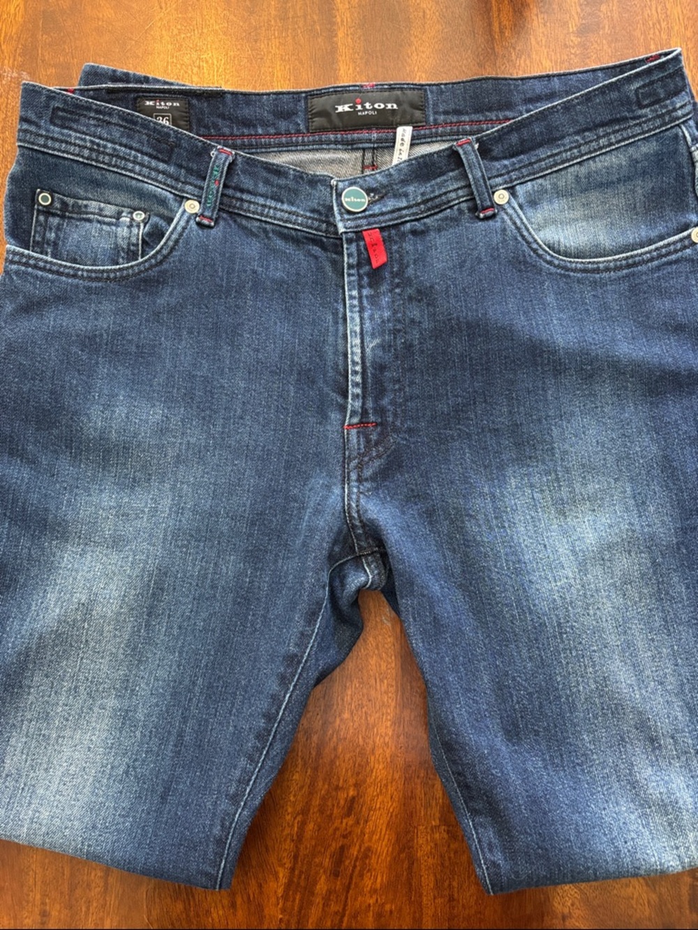 KITON Men's Medium Blue Slim Jeans with Faded Finish SZ 36